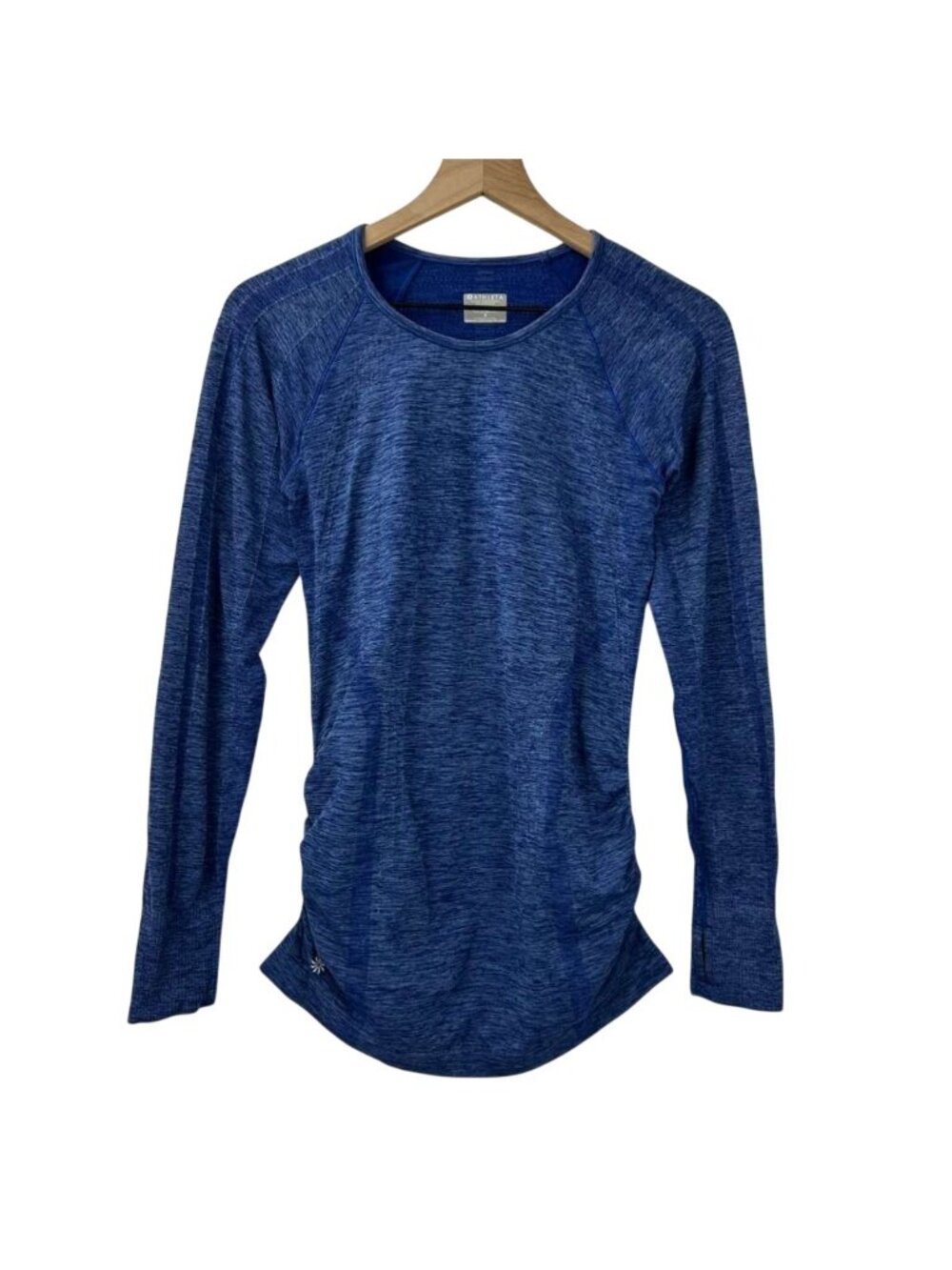 Athleta Women's Small Long Sleeve Speedlight Heather Blue Top Ruched Crewneck - Picture 2 of 14